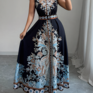 Vacation Floral Ruffle Sleeve Shirt Collar Maxi Dress With Belt, Maxi Dresses, color:As Picture|size:XXL, Stylewe