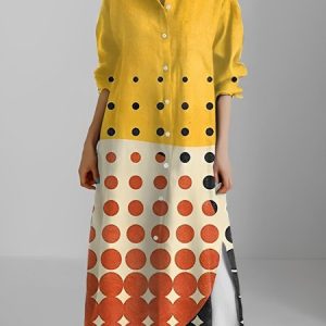 Casual Geometric Printing Shirt Collar Midi Dress, Maxi Dresses, color:As Picture|size:XXL, Stylewe