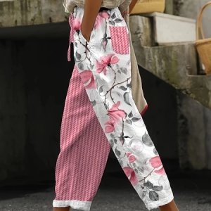 Casual Floral Long Printing Pant, Pants, color:Pink|size:5XL, catalog Noracora shop