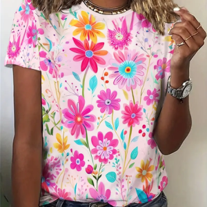 Women Floral Short Sleeve Tee T-shirt Crew Neck Printing Casual Summer Graphic Tee Top, JustFashionNow T-Shirts, color:Pink|size:XXL,