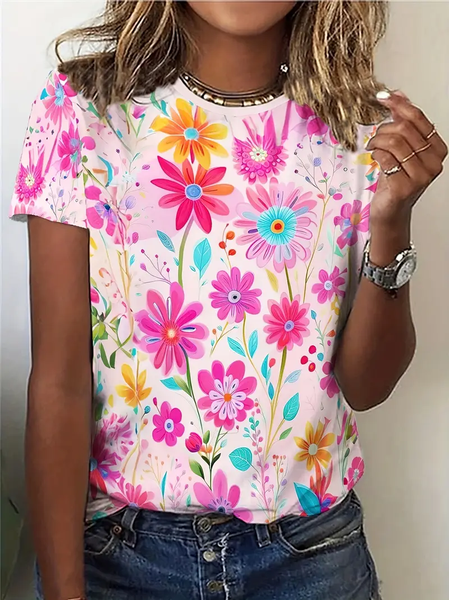 Women Floral Short Sleeve Tee T-shirt Crew Neck Printing Casual Summer Graphic Tee Top, JustFashionNow T-Shirts, color:Pink|size:XXL,
