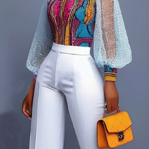 Elegant Patchwork Sheer Mesh Balloon Sleeve Blouse, Blouses and Shirts, color:As Picture|size:XXL, Stylewe