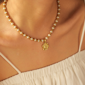 18k gold inlaid pearl coin pendant necklace, Necklaces, color:Golden, Stylewe