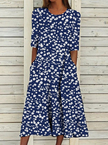 Women Floral Short Sleeve Summer Printing Dress Crew Neck Daily Casual Maxi Shift Dress H-Line Dress, JustFashionNow Casual Dresses, color:Purplish Blue|size:4XL