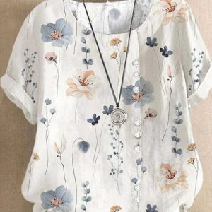 Casual Crew Neck Short Sleeve Floral Art Print Comfy Blouse For Women, Blouses, color:White|size:4XL, catalog Noracora shop