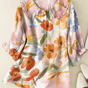 Women Floral Short Sleeve Shirt Summer Printing Shawl Collar Daily Casual Top, JustFashionNow Shirts, color:As Picture|size:5XL,