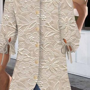 Crew Neck Balloon Sleeve Half Sleeve Floral Regular Micro-Elasticity Regular Fit Blouse For Women, Shirts, color:Apricot|size:4XL, catalog Noracora shop