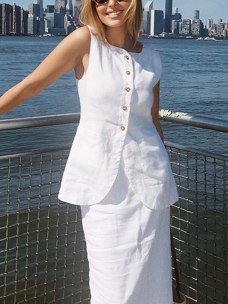 Casual Cotton Plain Crew Neck Vest, Vests and Gilets, color:White|size:XXL, Stylewe