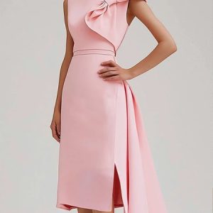 Elegant Plain Bow Asymmetrical Midi Dress, Maxi Dresses, color:Pink|size:XXL, Stylewe