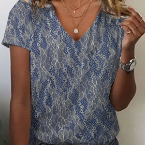 Women Floral Short Sleeve Tee T-shirt V Neck Printing Casual Summer Graphic Tee Top, JustFashionNow T-Shirts, color:Purplish Blue|size:XXL