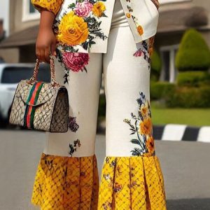 Vacation Floral Loosen Baggy Pants, Pants, color:White-Yellow|size:XXL, Stylewe