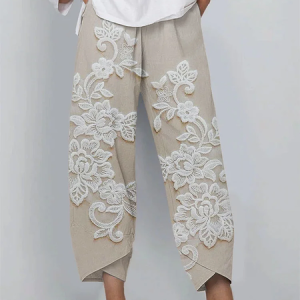 Women Floral Capris Pant Casual Summer Trousers, JustFashionNow Pants, color:Apricot|size:5XL,