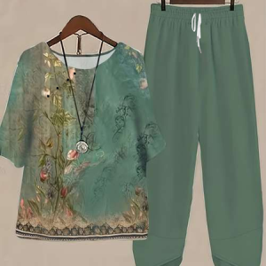 Women Floral Printing Two-Piece Set Daily Half Sleeve Casual Summer Top With Pants Matching Set, JustFashionNow Suit Set, color:Green|size:4XL,