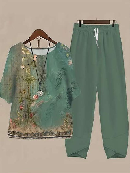 Women Floral Printing Two-Piece Set Daily Half Sleeve Casual Summer Top With Pants Matching Set, JustFashionNow Suit Set, color:Green|size:4XL,