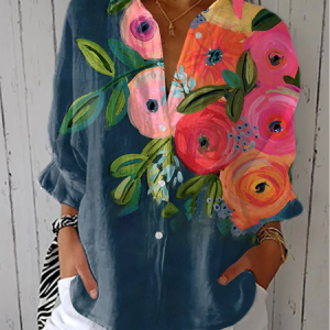 Women Floral Three Quarter Sleeve Shirt Spring/Fall Printing Shirt Collar Daily Casual Top, JustFashionNow Shirts, color:Purplish Blue|size:5XL,