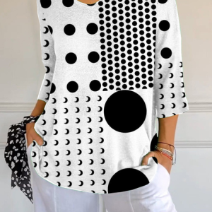 Women Polka Dots Three Quarter Sleeve Tee T-shirt V Neck Printing Casual Spring/Fall Graphic Tee Top, JustFashionNow T-Shirts, color:White|size:5XL