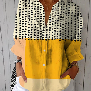 Women Polka Dots Three Quarter Sleeve Shirt Spring/Fall Printing Shirt Collar Daily Casual Top, JustFashionNow Shirts, color:Yellow|size:5XL,