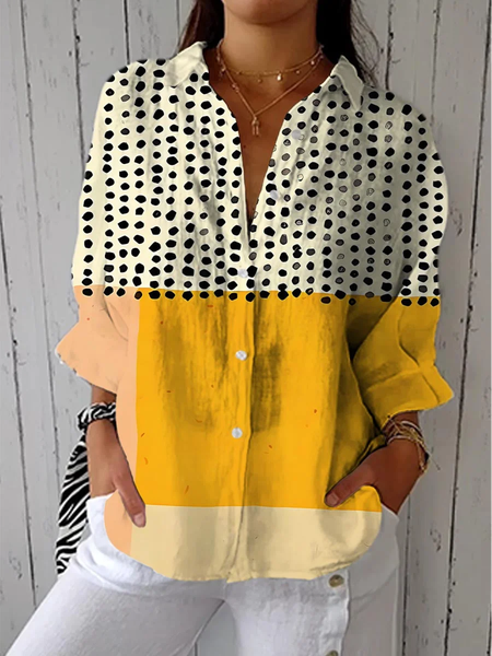 Women Polka Dots Three Quarter Sleeve Shirt Spring/Fall Printing Shirt Collar Daily Casual Top, JustFashionNow Shirts, color:Yellow|size:5XL,