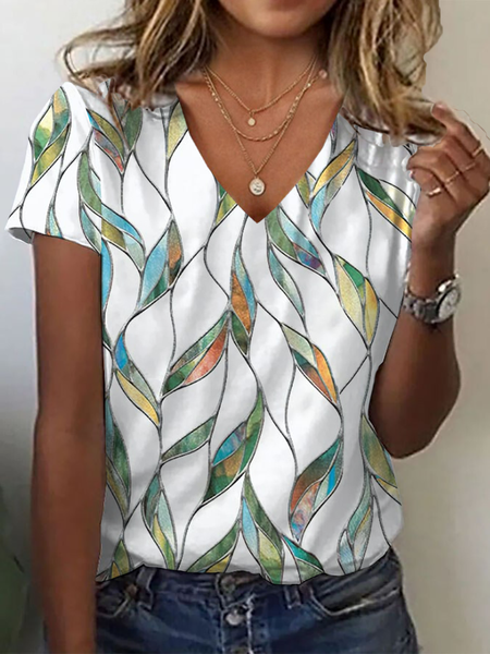 Women Floral Short Sleeve Tee T-shirt V Neck Printing Casual Summer Graphic Tee Top, JustFashionNow T-Shirts, color:White|size:XXL - Image 2