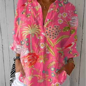 Women Floral Three Quarter Sleeve Shirt Spring/Fall Shirt Collar Holiday Casual Top, JustFashionNow Blouses, color:Deep Pink|size:XXL,