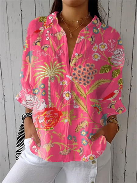 Women Floral Three Quarter Sleeve Shirt Spring/Fall Shirt Collar Holiday Casual Top, JustFashionNow Blouses, color:Deep Pink|size:XXL,