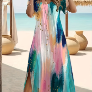 Women Abstract Short Sleeve Summer Printing Dress Crew Neck Daily Casual Maxi Fit & Flare Dress A-Line Dress, JustFashionNow Casual Dresses, color:Multicolor|size:5XL,