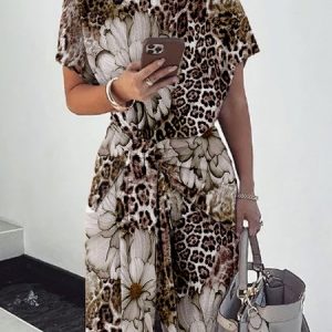 Casual Leopard Printing Crew Neck Raglan Sleeve T-shirt, Tees, color:Leopard|size:XXL, Stylewe