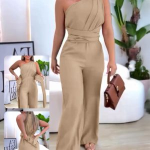 One Shoulder Sleeveless Ruched Cinched Waist Overalls Tied Detail Elastic Waist Wide Leg Jumpsuit, women Jumpsuits, ChicMe catalog