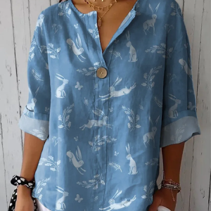 Shawl Collar Three Quarter Sleeve Plants Regular Loose Blouse For Women, Blouses, color:As Picture|size:3XL, catalog Noracora shop