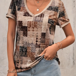 Women Geometric Short Sleeve Tee T-shirt V Neck Printing Casual Summer Graphic Tee Top, JustFashionNow T-Shirts, color:Light Brown|size:XXL,