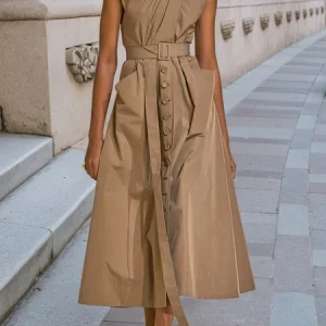 Urban Plain Irregular Craftsmanship Halter Maxi Dress With Belt, Maxi Dresses, color:Brown|size:XXL, Stylewe