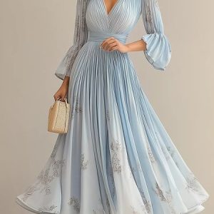 Elegant Floral Bell Sleeve Printing Maxi Dress, Maxi Dresses, color:Blue|size:XXL, Stylewe