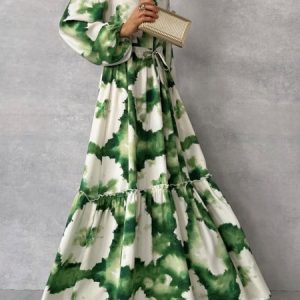 Women Floral Spring/Fall Dress V Neck Long Sleeve Formal Dress A-Line Dress, Dresses, color:White-green|size:XXL, catalog Noracora shop