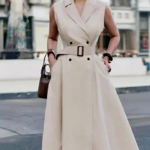 Urban Plain Buttoned Midi Dress With Belt, Midi Dresses, color:Khaki|size:XXL, Stylewe