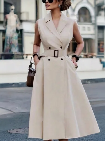 Urban Plain Buttoned Midi Dress With Belt, Midi Dresses, color:Khaki|size:XXL, Stylewe