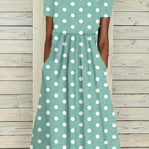 Women Polka Dots Short Sleeve Summer Printing Dress Crew Neck Daily Casual Maxi Shift Dress H-Line Dress, JustFashionNow Casual Dresses, color:Green|size:4XL,