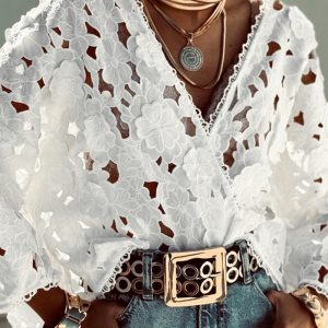 3D Flower Hollow Out Lace Trim V Neck Blouse Casual Loose Fit Top, women Blouses & Shirts, ChicMe catalog