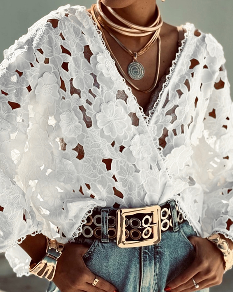 3D Flower Hollow Out Lace Trim V Neck Blouse Casual Loose Fit Top, women Blouses & Shirts, ChicMe catalog