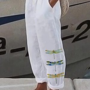Women Dragonfly Long Pants Casual Spring/Fall Trousers, JustFashionNow Pants, color:White|size:5XL,