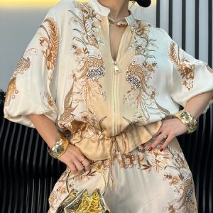 Elegant Balloon Sleeve Printing Floral Jacket, Jackets, color:As Picture|size:XXL, Stylewe