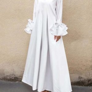 Plus Size Urban Plain Ruffle Sleeve Shirt Collar Maxi Dress, Plus Dresses, color:White|size:4X, Stylewe