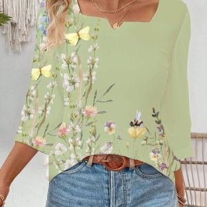 Women Floral Three Quarter Sleeve Blouse Spring/Fall Printing Notched Daily Casual Top, JustFashionNow Blouses, color:Green|size:XXL,