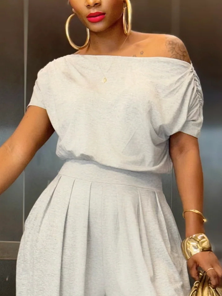 Cotton Casual Plain Gathered One Shoulder T-shirt, Tees, color:As Picture|size:XXL, Stylewe