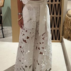 Vacation Plain Hollow Out Wide Leg Pants With Belt, Pants, color:White|size:XXL, Stylewe