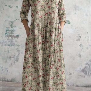Women's Floral Long Sleeve Spring/Fall Dress V Neck Daily Casual Maxi T-Shirt Dress A-Line Dress, JustFashionNow Casual Dresses, color:As Picture|size:XXL,