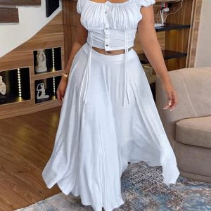 2 Pieces Outfit Off the Shoulder Ruched Drastring Top and Casual High Waist A Line Loose Flared Skirt Set, women Two-piece Sets, ChicMe catalog