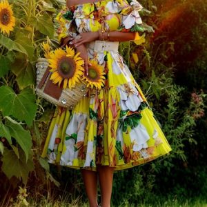 Vacation Floral Loosen Peplum Cold Shoulder Midi Dress No Belt, Midi Dresses, color:Yellow|size:XXL, Stylewe
