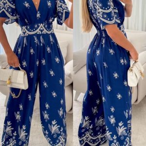 Floral Print Flutter Sleeve V-Neck Maxi Wide Leg Jumpsuit Casual Overalls, women Jumpsuits, ChicMe catalog