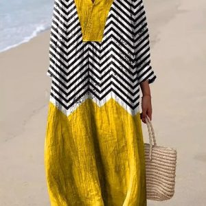 Women Striped V Neck Long Sleeve Comfy Casual Maxi Dress, Maxi, color:Yellow|size:4XL, catalog Noracora shop