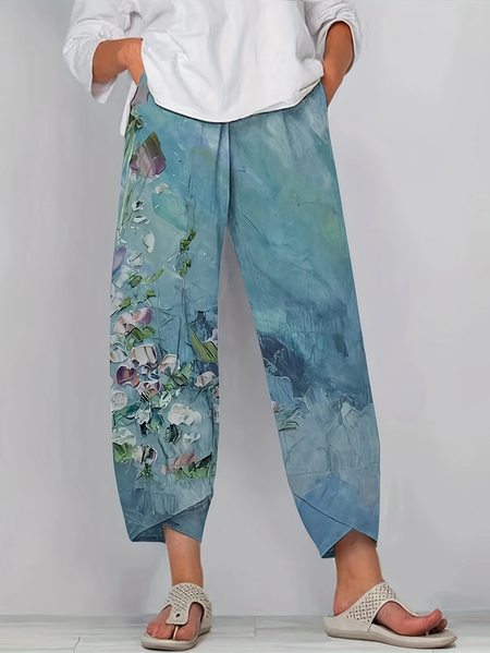 Women Floral Capris Pant Casual Summer Trousers, JustFashionNow Pants, color:Cyan|size:5XL,
